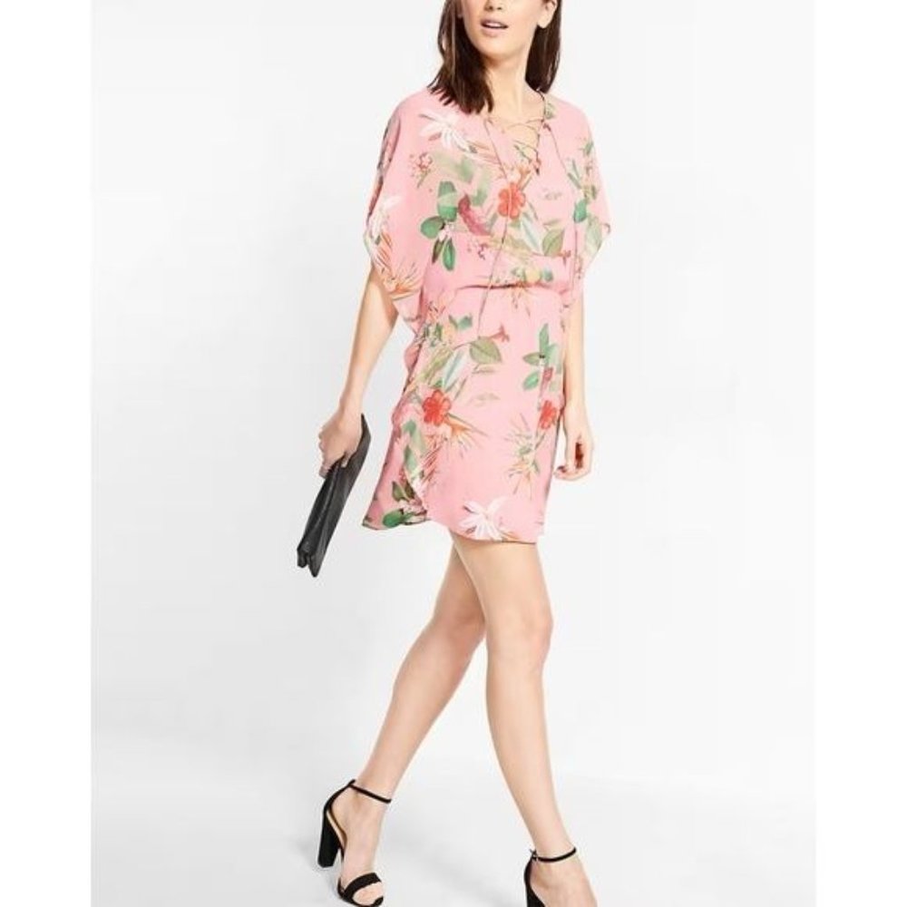 Express pink floral sheer chiffon cinched waist dress M - Picture 15 of 15